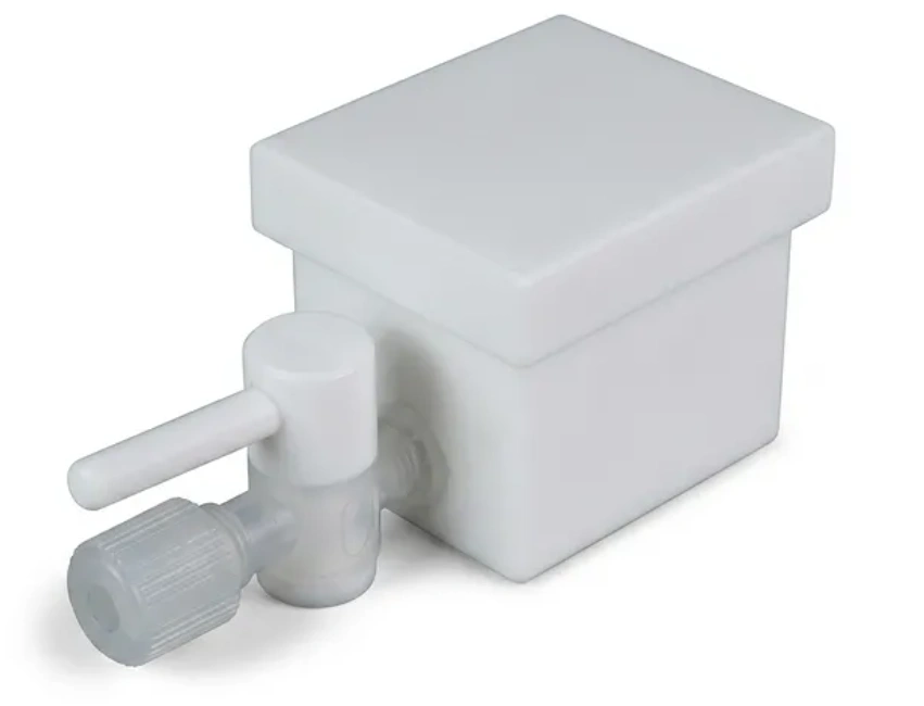 Custom-machined PTFE laboratory vessel with lid and integrated stopcock valve fittings