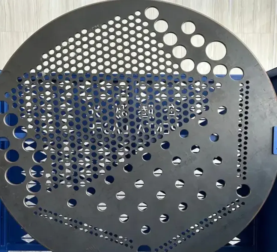 Large round carbon fiber plate with dense variable-diameter laser-cut hole pattern across the full disc surface