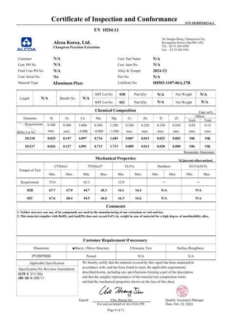 Example material inspection and certificate of conformance document