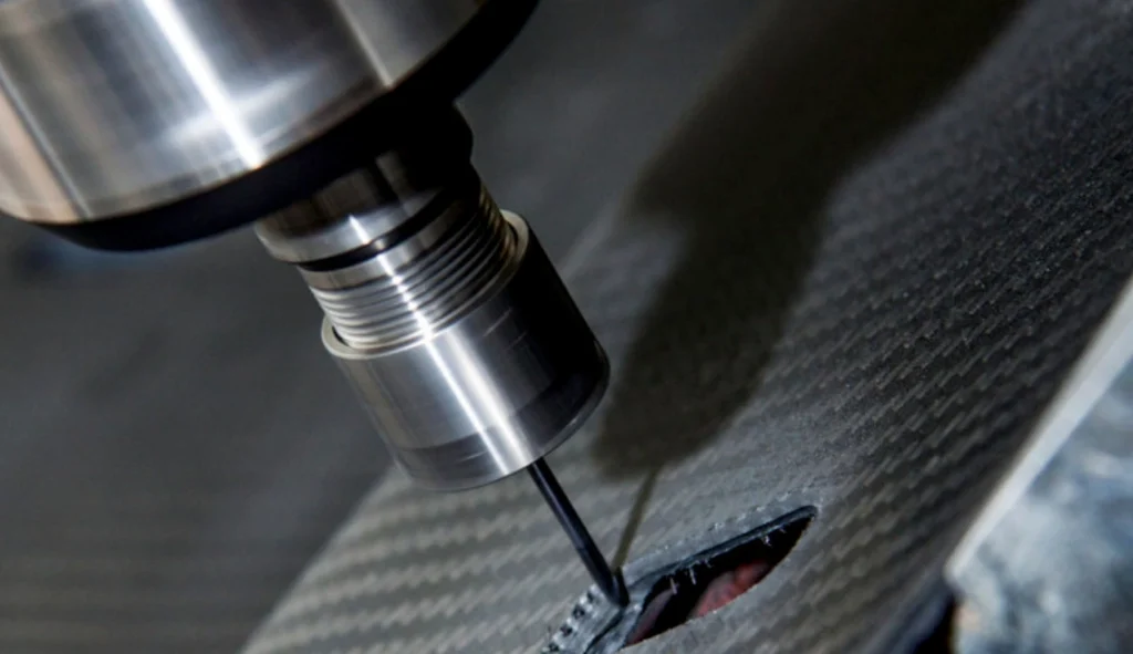 CNC spindle with small-diameter end mill cutting a pocket into a woven carbon fiber laminate panel.