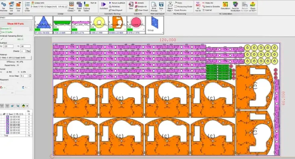 Nesting software interface displaying optimized multi-part layout on a brass sheet to minimize material waste during laser cutting. 