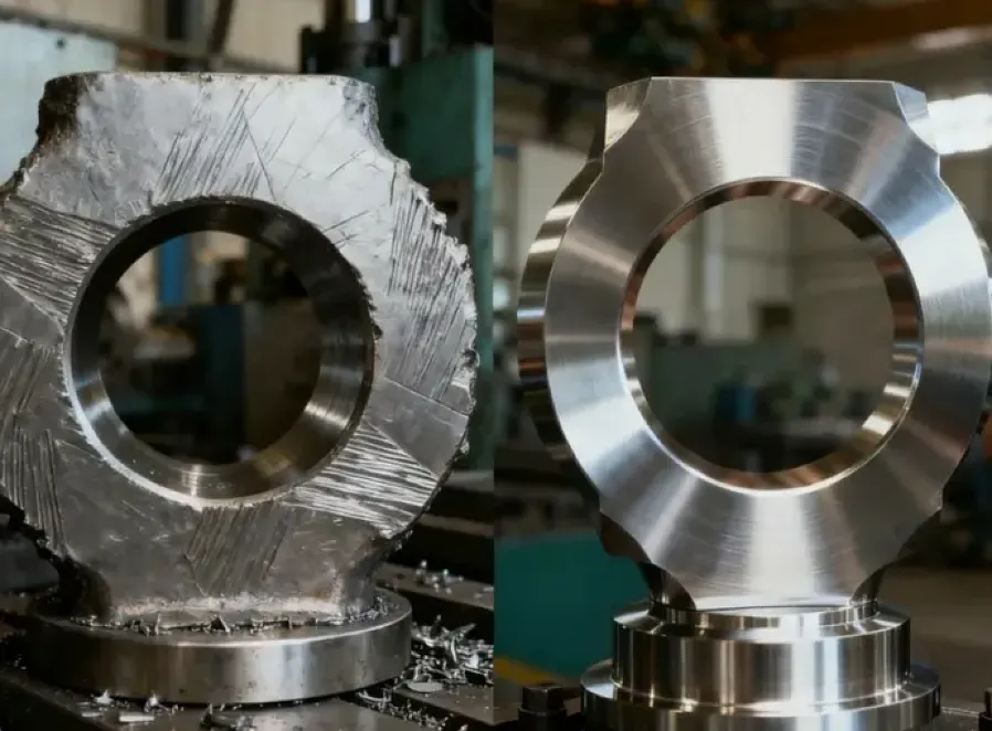 Side-by-side comparison of a rough-machined metal ring with jagged tool marks versus a finish-machined part with smooth, polished surfaces.