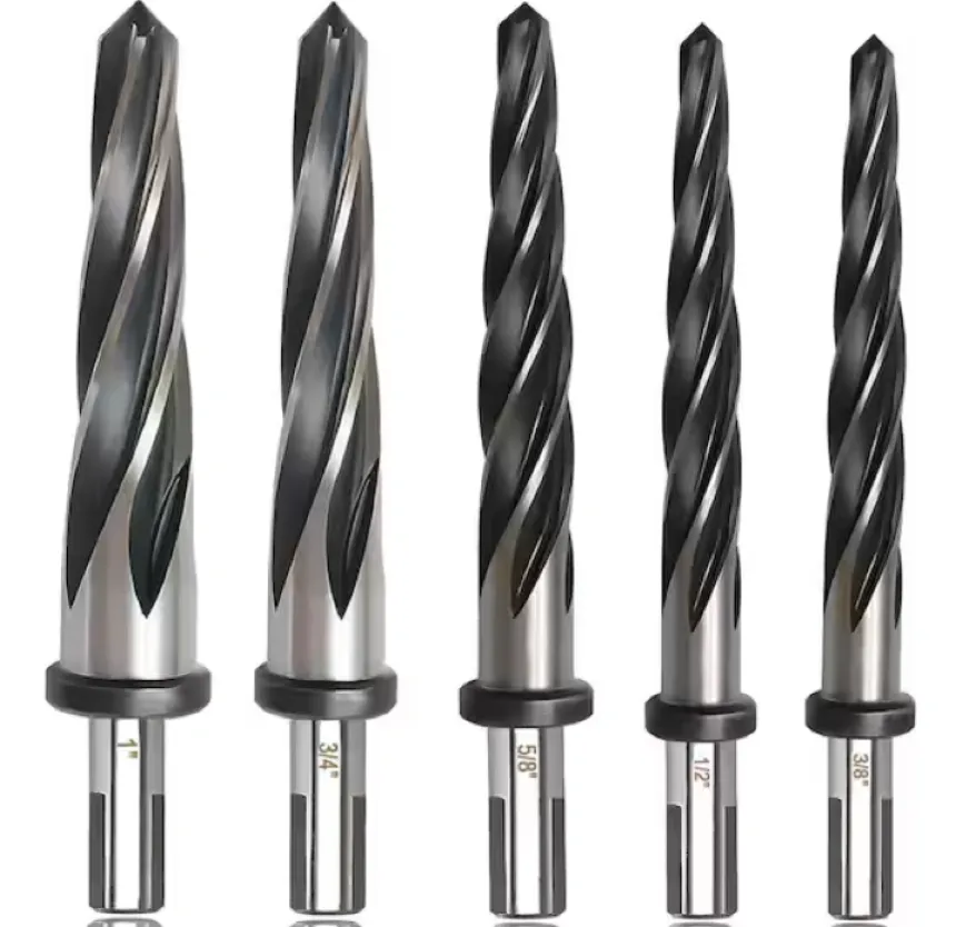 Set of five tapered reamers in descending sizes labeled 1", 3/4", 5/8", 1/2", and 3/8" with spiral flutes and depth-stop collars.