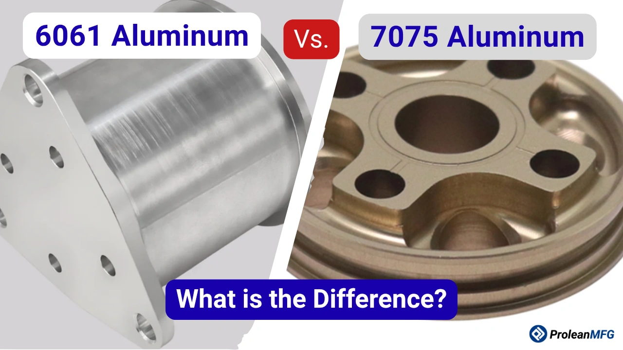 Split image of a machined aluminum cylinder and a machined circular flange; text overlay reads "6061 Aluminum," "7075 Aluminum," "What is the Difference?"