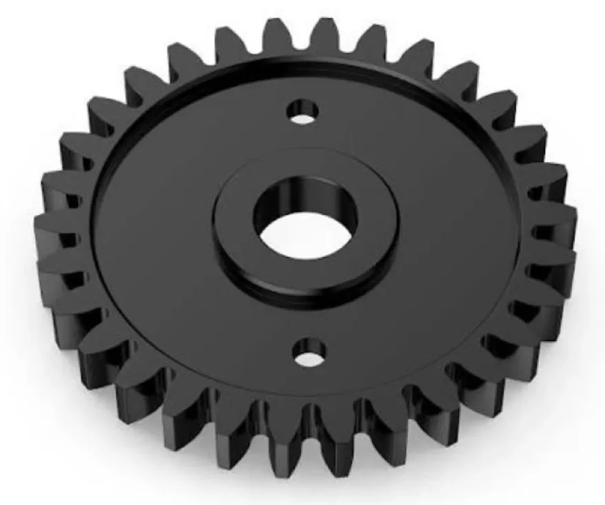 Black anodized 7075 aluminum spur gear with center bore and mounting holes 