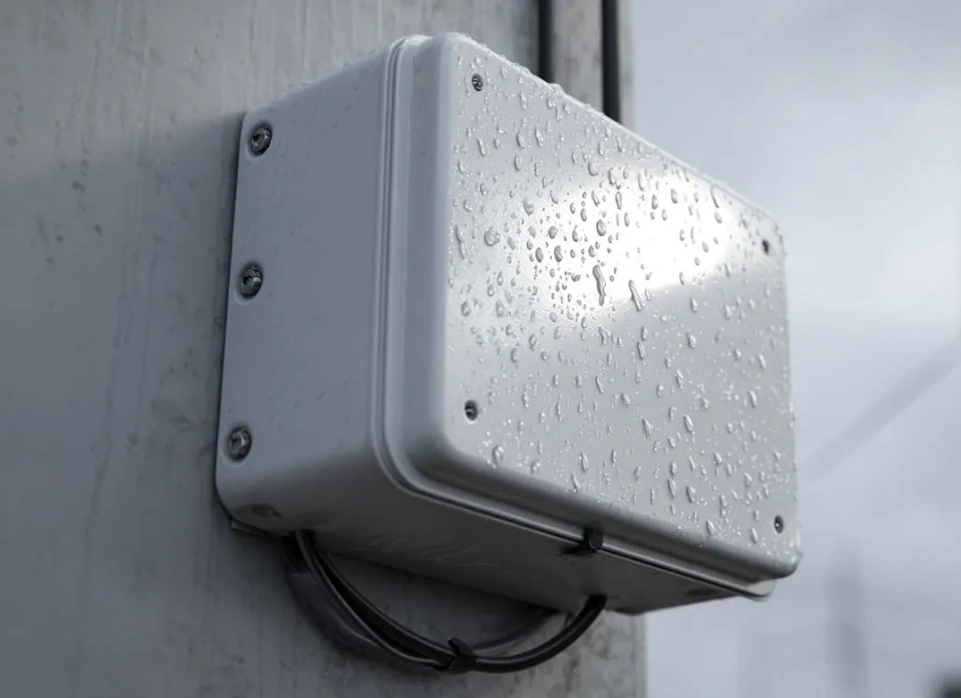 Weatherproof ABS plastic enclosure mounted outdoors with rain droplets 