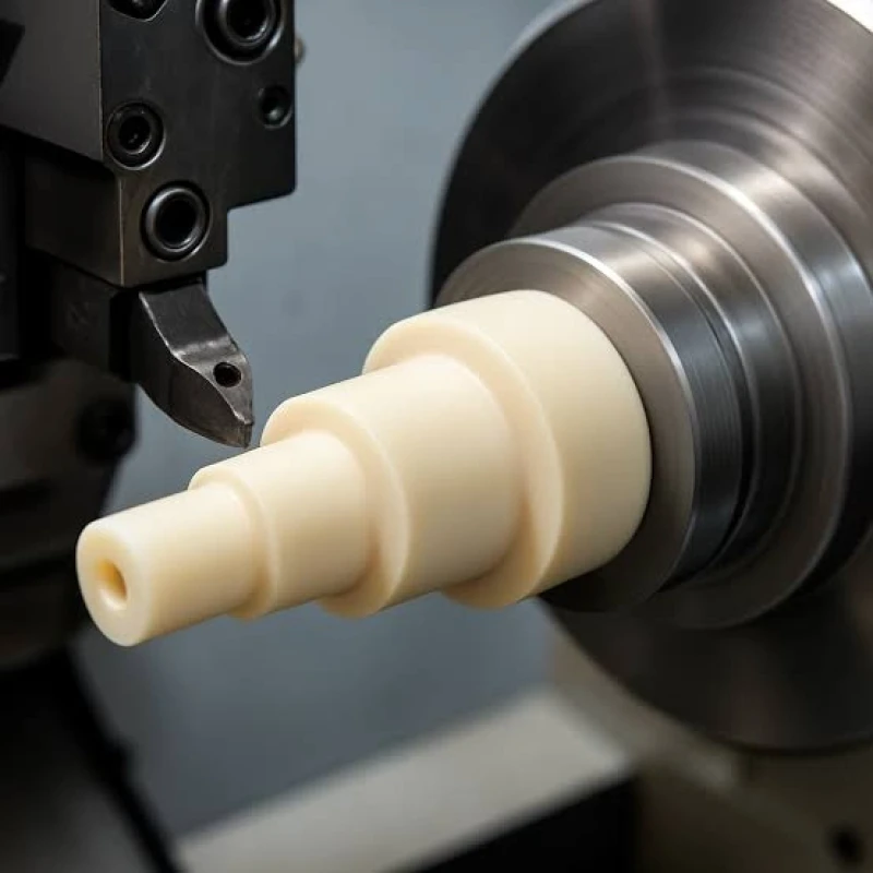 CNC lathe turning cream-colored ABS material into stepped cylindrical part