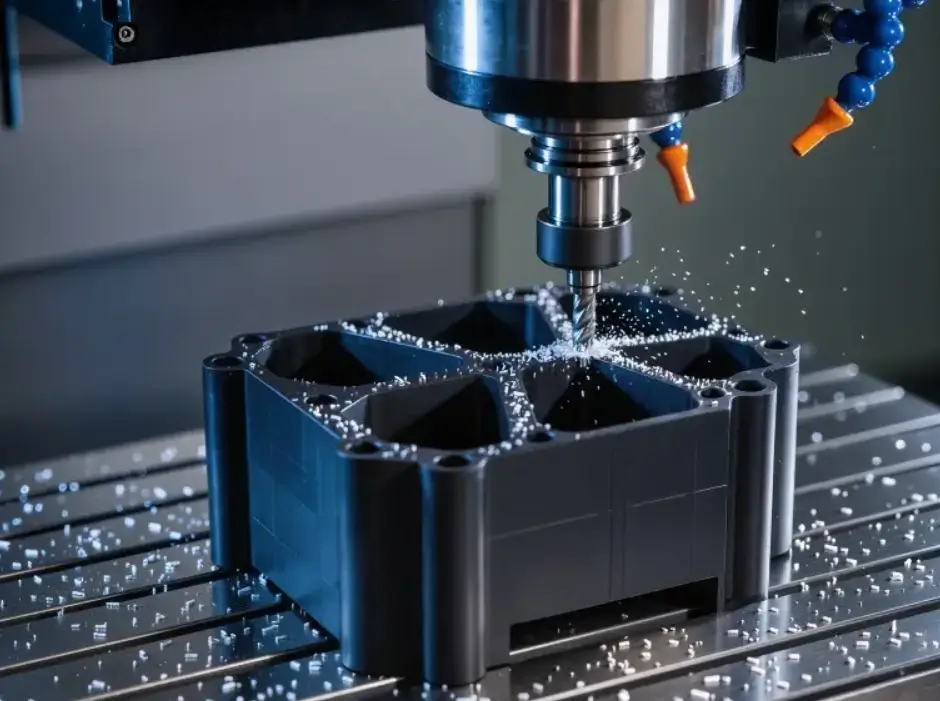 CNC milling machine drilling into black ABS plastic block, producing chips