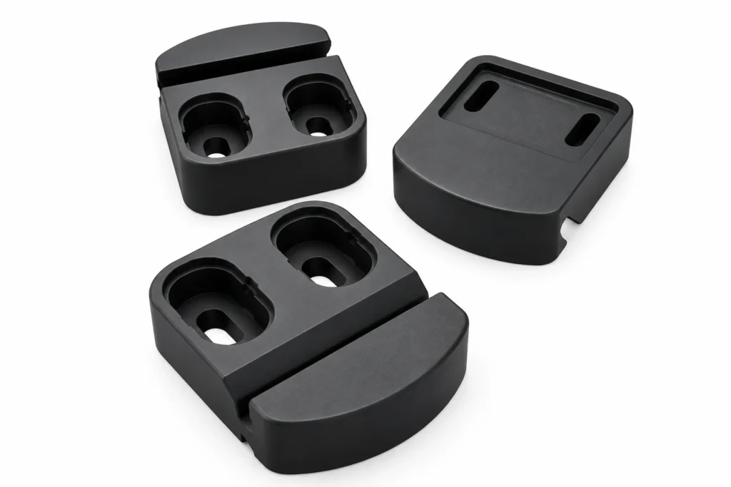 The image shows finished HDPE parts with different shapes.