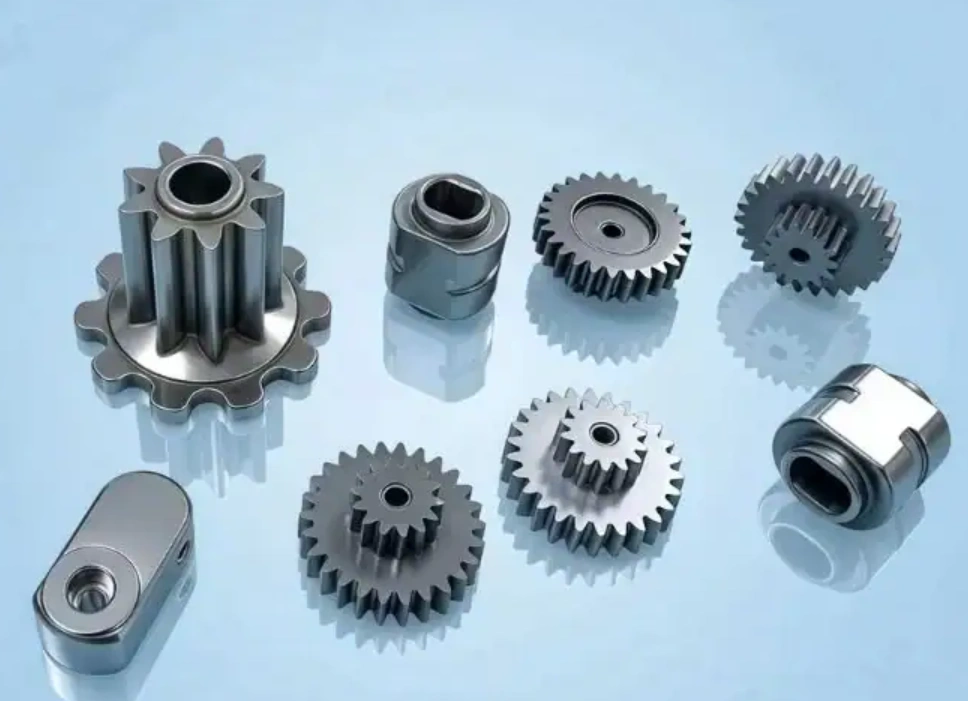 Assorted precision metal gears and cylindrical components with polished EDM-machined edges on reflective surface