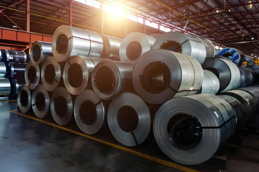 Rolls of galvanised steel sheets stored inside a factory or warehouse, ready for manufacturing and industrial use.