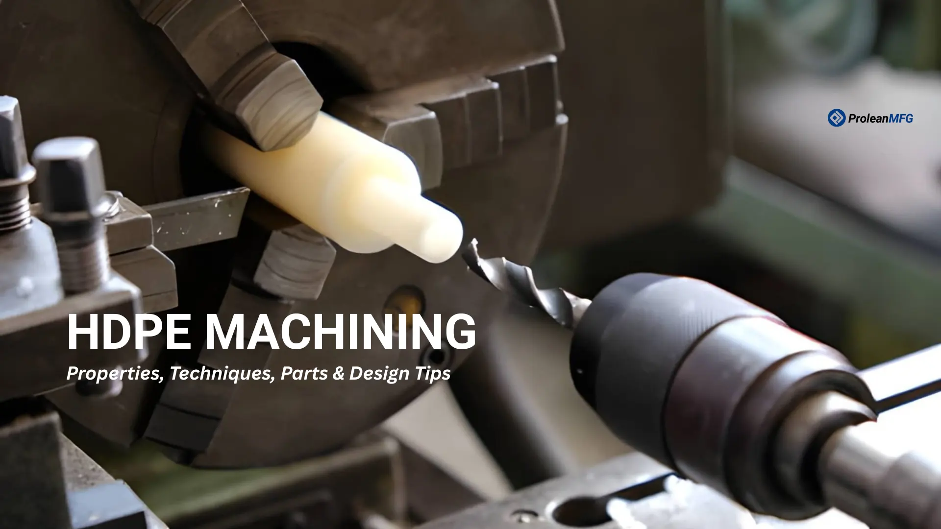 A feature image depicts a close-up of an HDPE part during machining. Title text is overlaid and bolded on it.