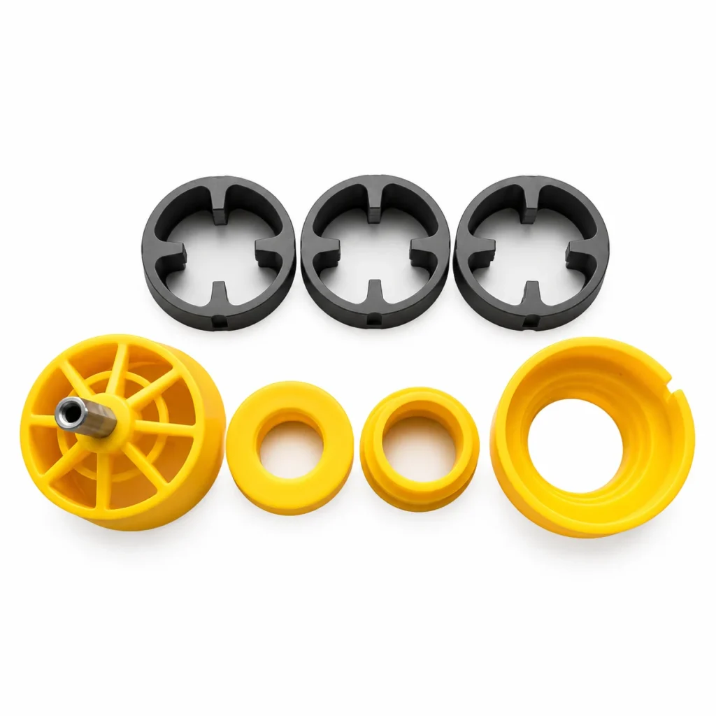 HDPE parts with metal threaded inserts fitted into them.