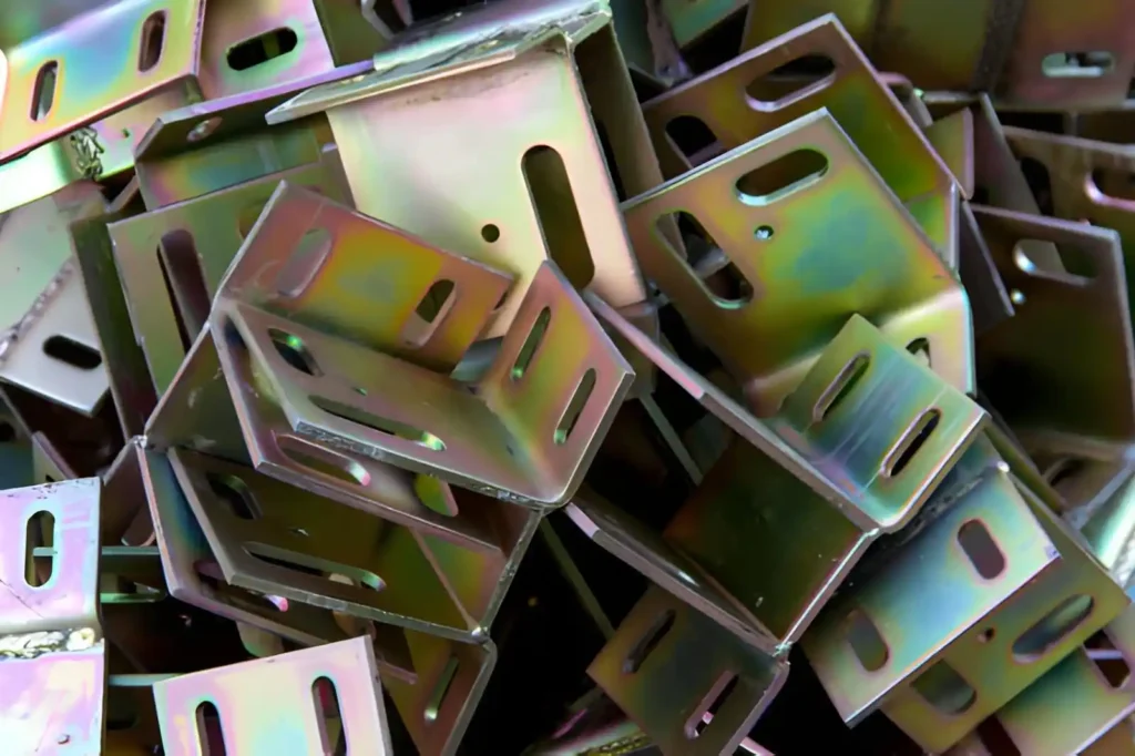 Steel corner pieces used for connection details in assemblies, coated with zinc chromate for corrosion protection.