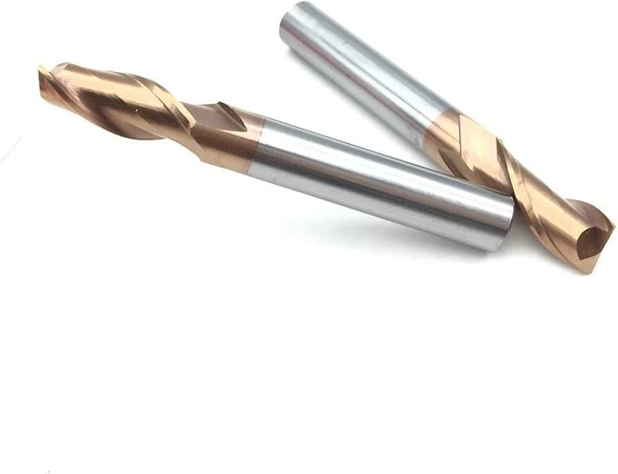 Two coated tungsten carbide drill bits with bronze-gold finish