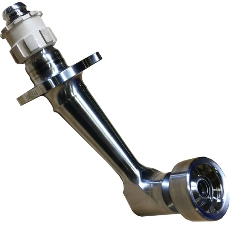 Polished metal aircraft fuel nozzle with angled tube, mounting flange, and intricate spray-hole tip