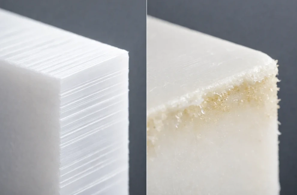 White plastic block showing a clean edge versus a melted, charred edge from machining