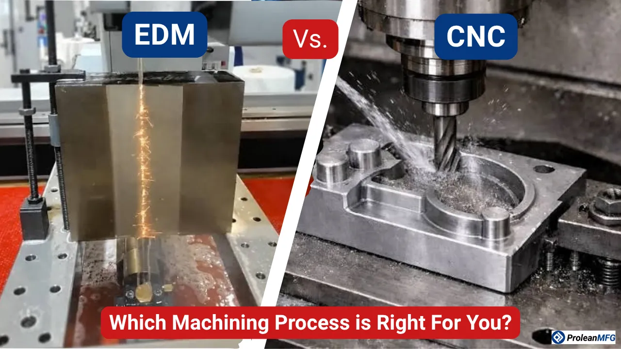 Split-screen EDM wire sparking metal block vs CNC mill drilling part, with text overlay "EDM Vs. CNC – Which Machining Process is Right For You?"