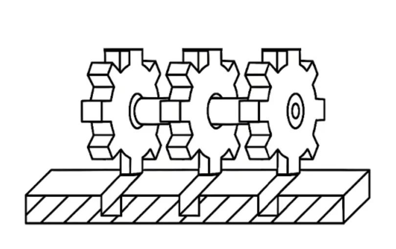 Line drawing of multiple side milling cutters on one arbor machining several grooves simultaneously in gang milling