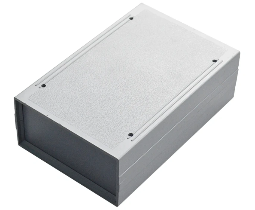 Gray textured ABS enclosure with mounting screw holes on lid 