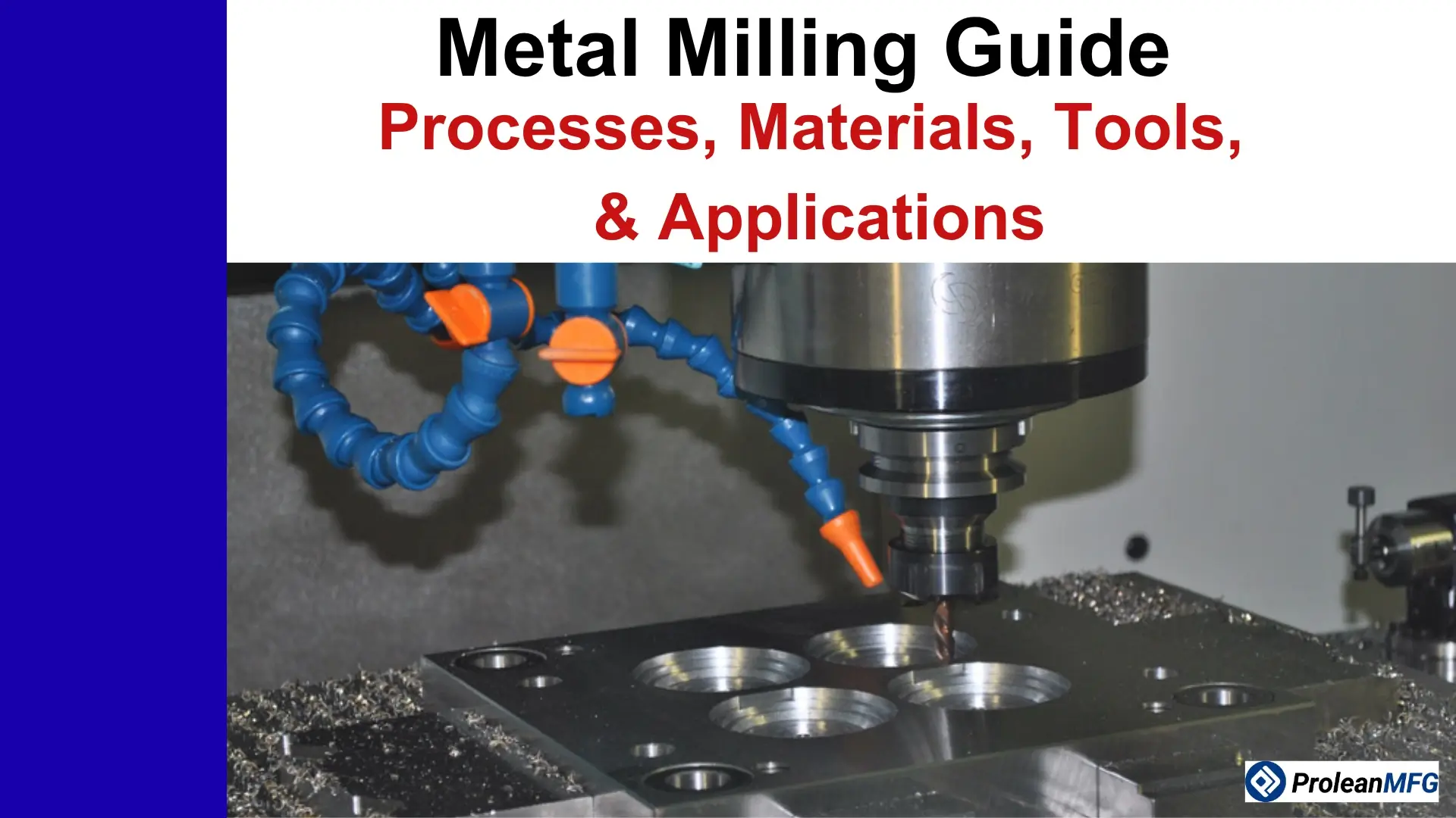"Metal Milling Guide: Processes, Materials, Tools, & Applications" text overlay above a milling machine drilling a metal plate with coolant hoses attached