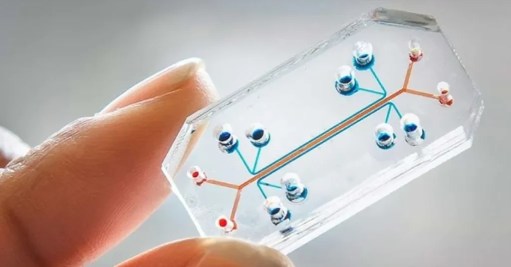 Clear microfluidic chip with micro-machined branching channels held between fingers