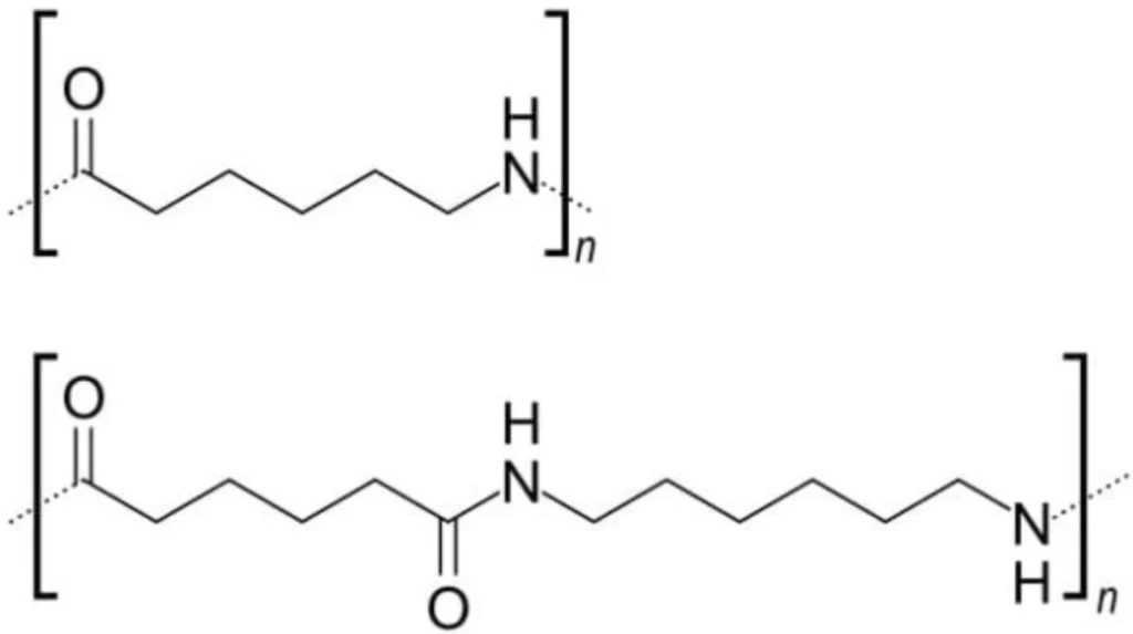 Molecular structures for nylon-6 and nylon-6,6 polymer chains  