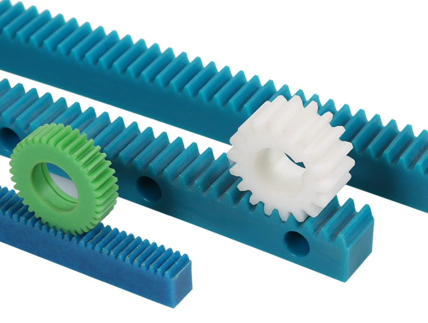 Blue nylon gear racks with green and white nylon gears  