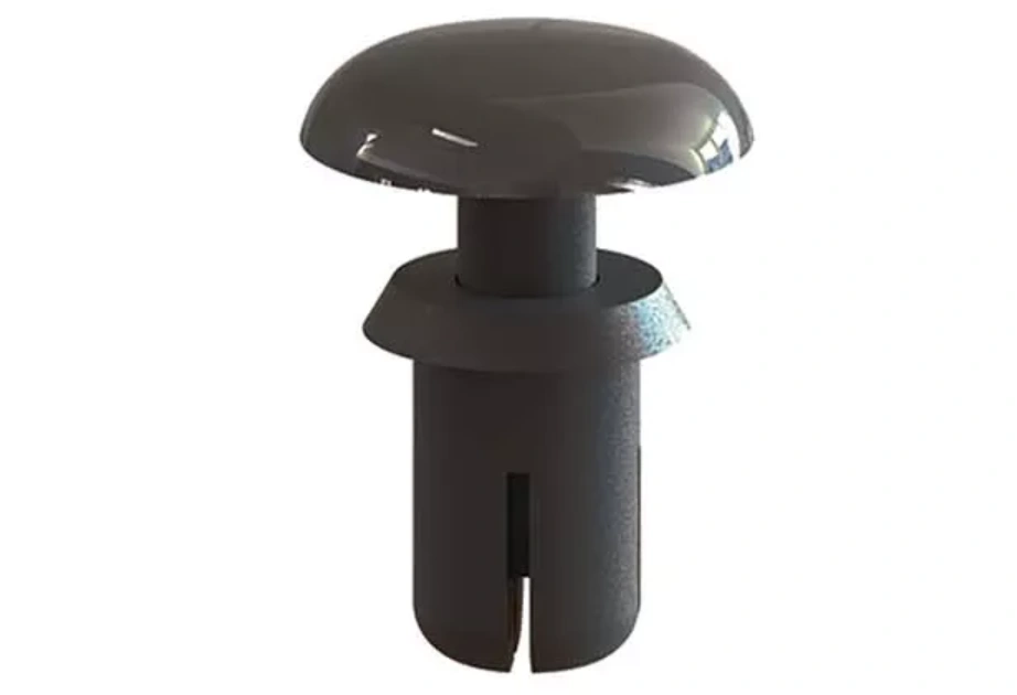 Black nylon push-in fastener with mushroom-shaped cap and split shank   