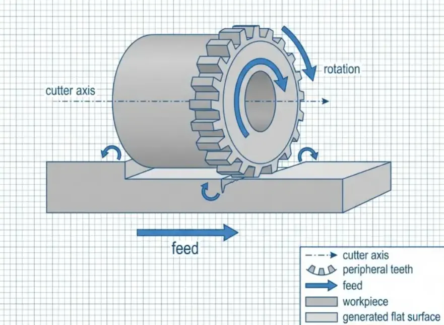 3D illustration of plain milling cutter with rotation, feed, and axis labeled