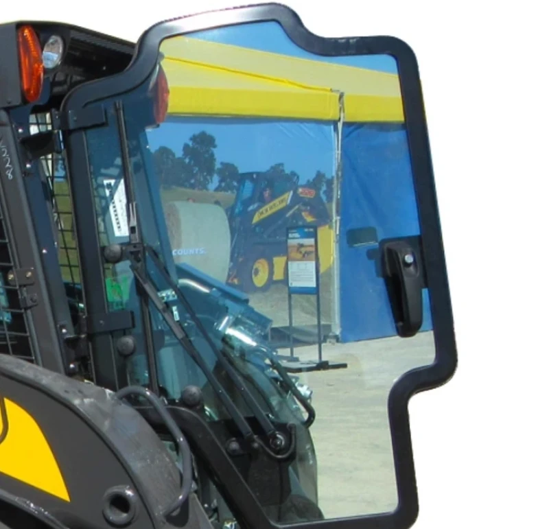 Polycarbonate cab door panel fitted on outdoor construction equipment 