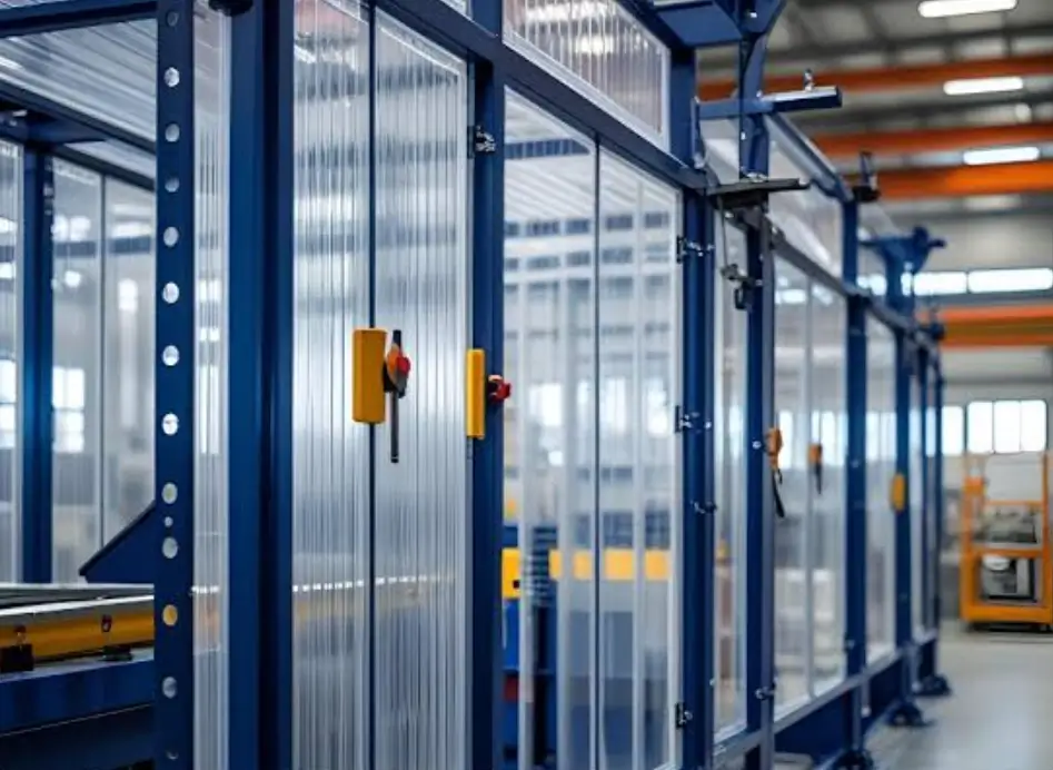 Polycarbonate safety panels enclosing industrial machinery on the factory floor 