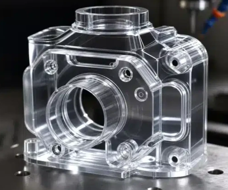 CNC-machined transparent polycarbonate housing with precision-drilled holes