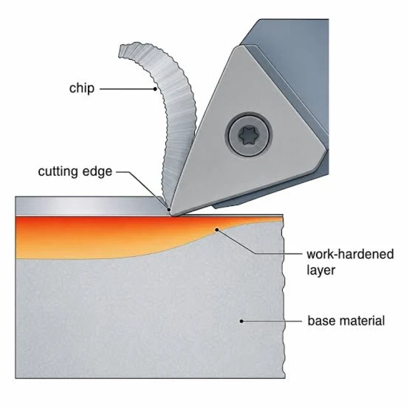 Diagram of carbide insert cutting chip, showing work-hardened layer beneath cutting edge