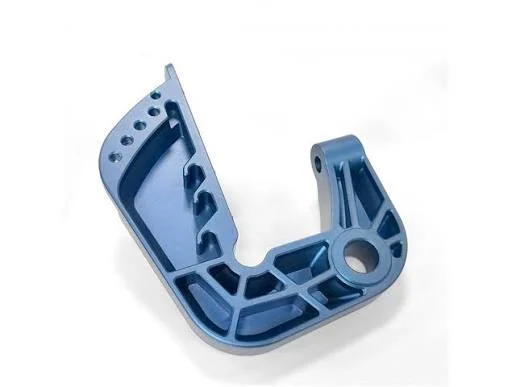 Blue anodized 7075 aluminum robotic bracket with lightweight lattice cutouts and a pivot bore.