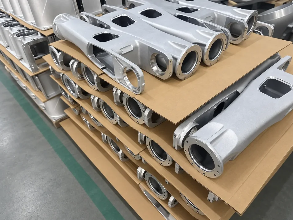 Machined aluminum robotic arm housings with flanged bearing bores, stacked on cardboard trays in a factory