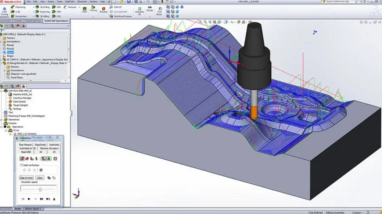 SolidWorks CAM simulation showing toolpath and milling cutter machining a mold cavity block