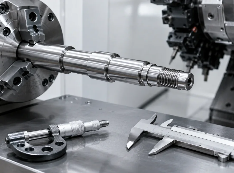 Precision-turned steel shaft with threaded end held in CNC lathe chuck, calipers and micrometer nearby