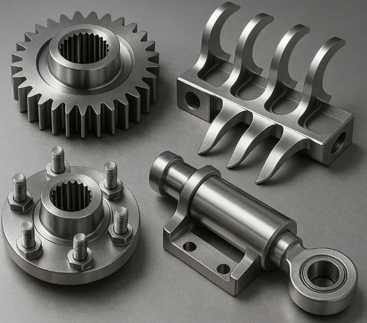 Four machined robotic parts: a splined gear, a multi-tine bracket, a bolted flange hub, and a rod-end pivot arm