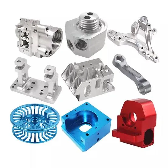 Die-cast aluminum robotic parts in silver, blue, and red, including housings, brackets, and a rotor.
