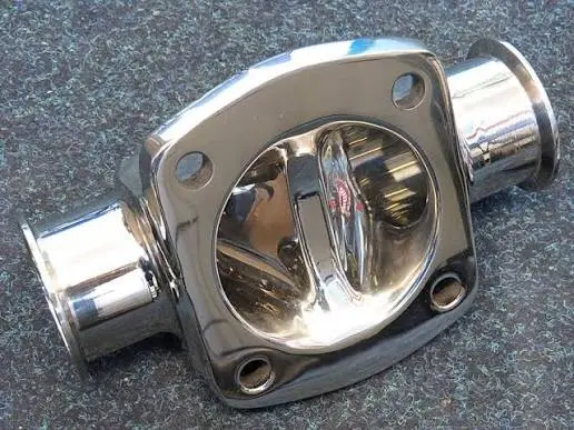 Highly reflective electropolished stainless steel valve housing with mirror-like finish.