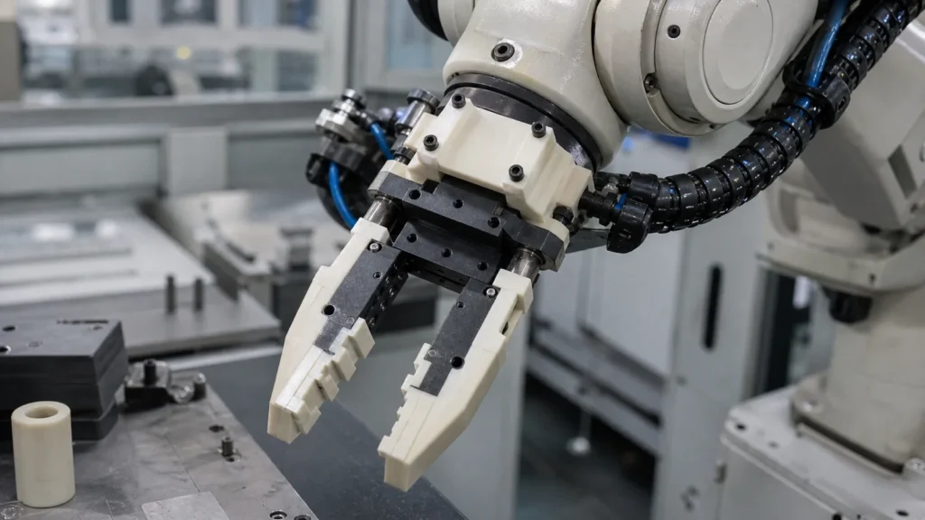 Robotic arm gripper with white engineering plastic finger jaws over a shop table.