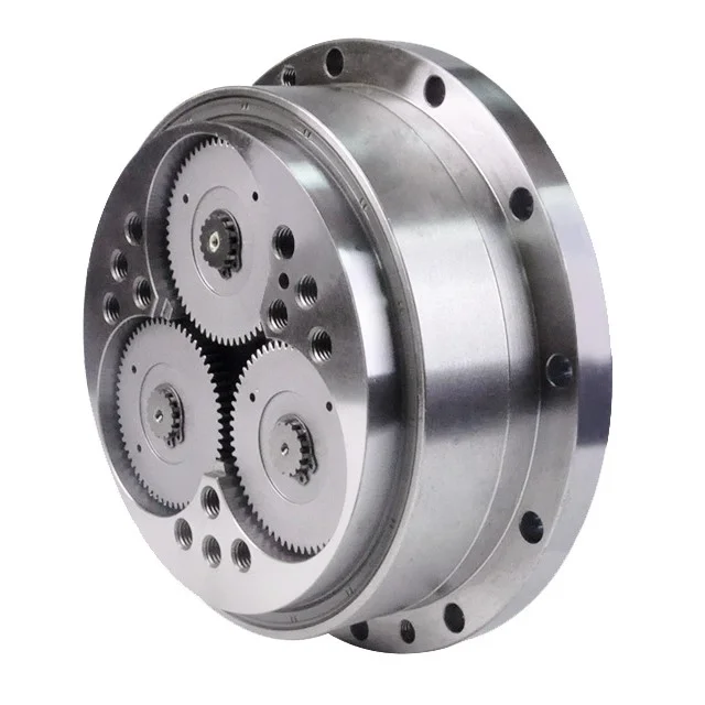 Precision planetary gearbox with three machined spur gears inside a flanged steel housing.