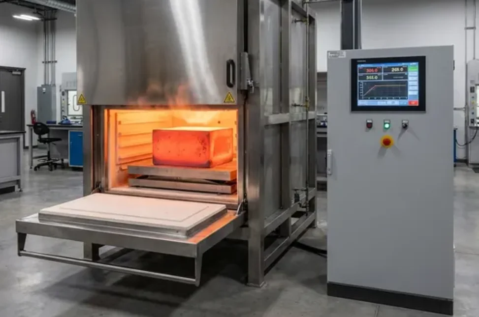 Steel block glowing red-hot inside an industrial annealing furnace with digital control panel