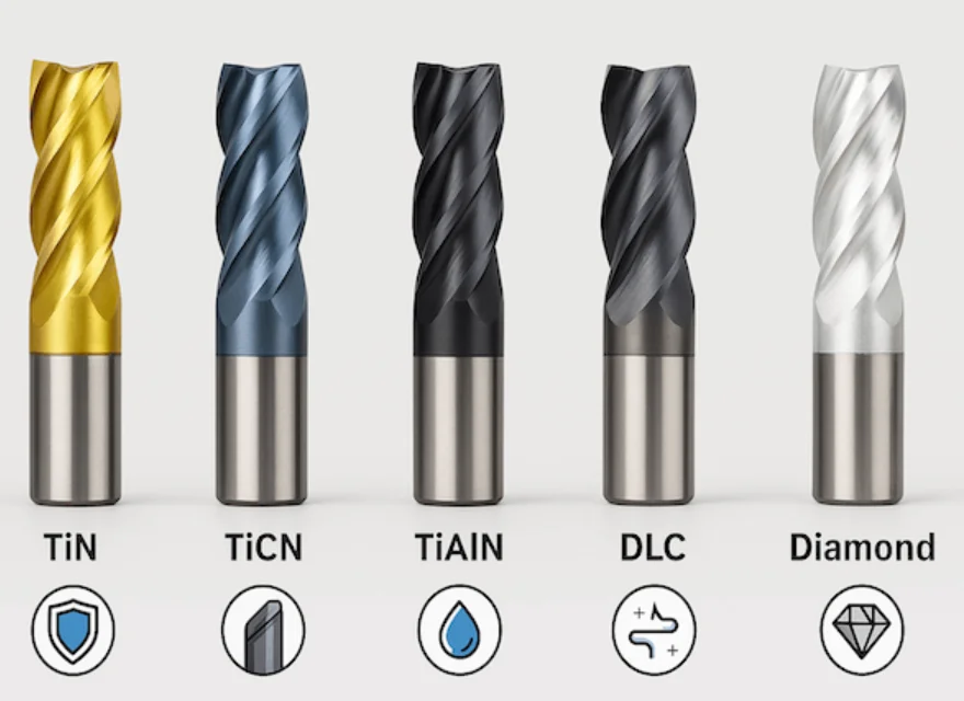 Five end mills with different coatings labeled TiN, TiCN, TiAlN, DLC, and Diamond
