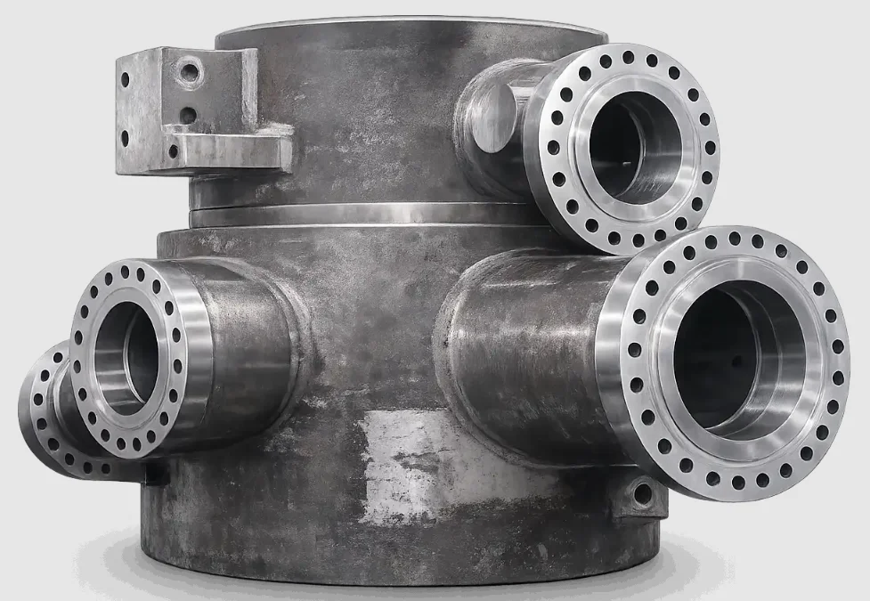 Large machined steel valve housing with multiple bolted flange ports for energy equipment
