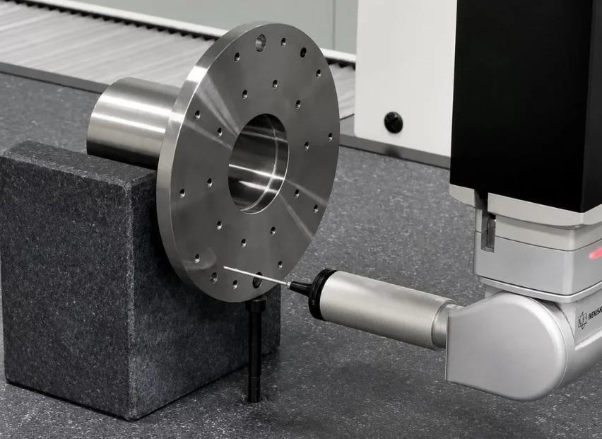 CMM probe measuring hole tolerances on a machined steel flange during quality inspection
