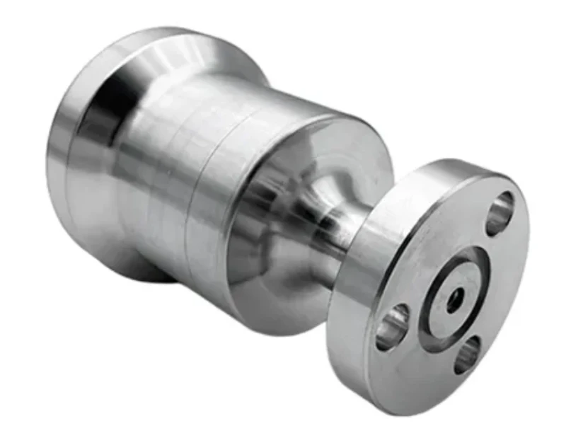 Precision-machined stainless steel connector part with mirror finish and bolted flange