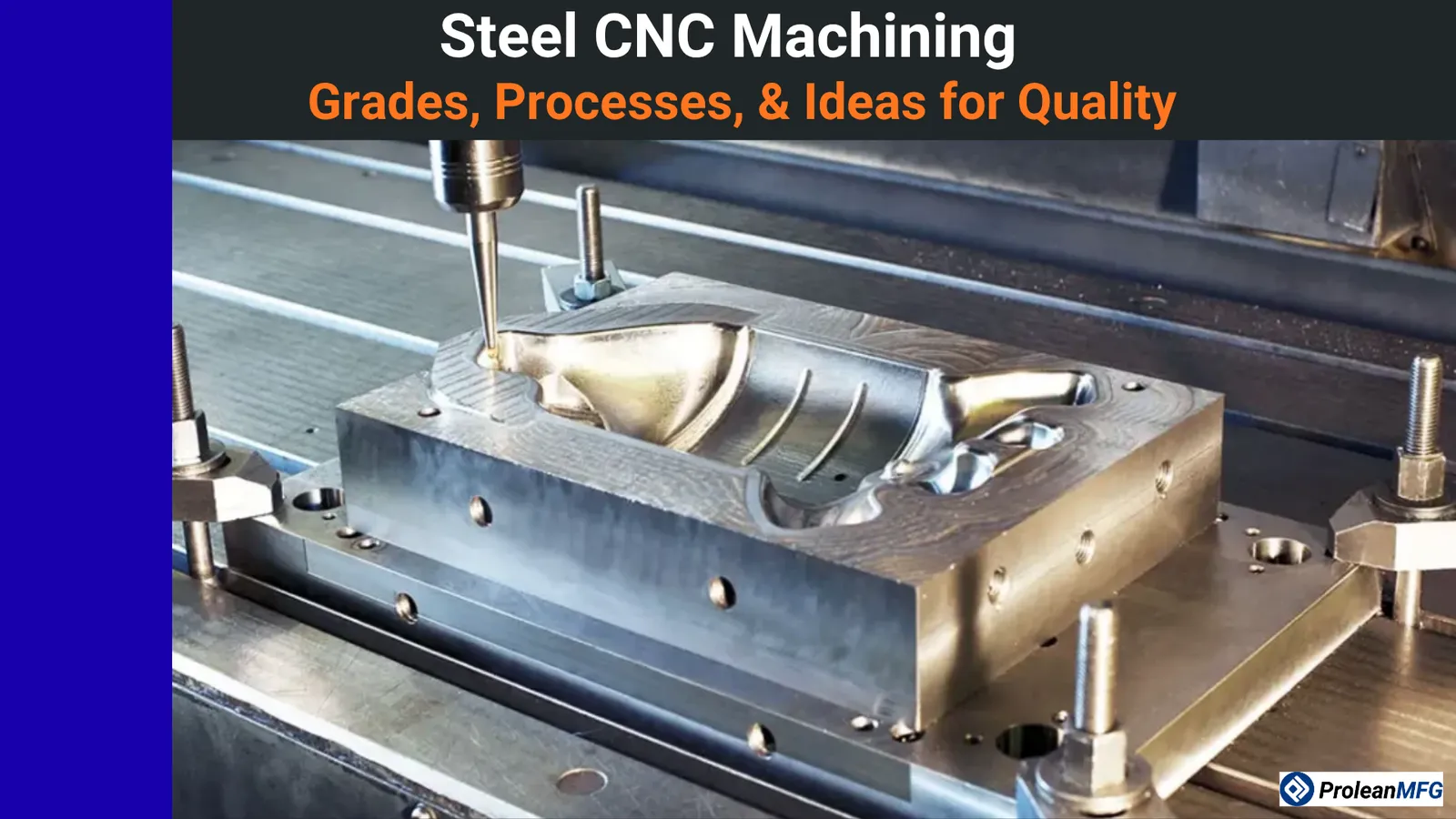 CNC milling machine cutting a contoured steel mold cavity, text overlay reading "Steel CNC Machining: Grades, Processes, & Ideas for Quality"